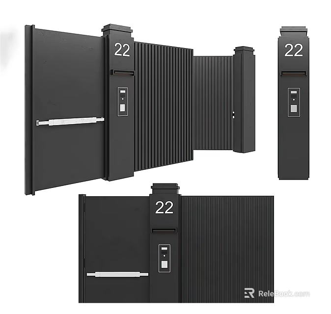 Modern Black Entrance Gate With House Number 22 And Access Control Panel 3d model 