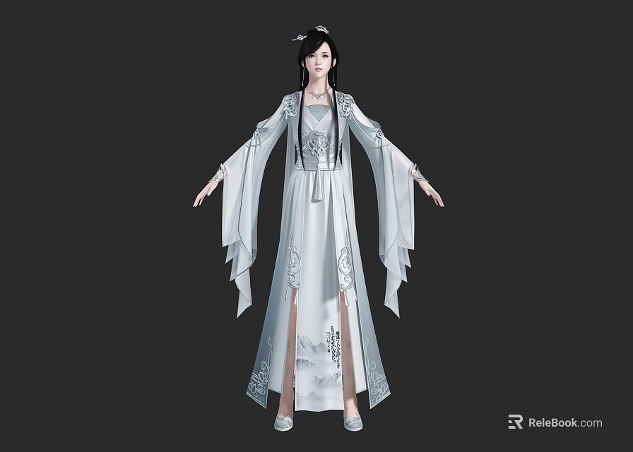Traditional Chinese Woman In Elegant White Long Robe With Flowing Sleeves And Embroidery Patterns 3d model 
