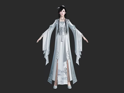 Traditional Chinese Woman In Elegant White Long Robe With Flowing Sleeves And Embroidery Patterns 3d model