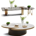 Elegant Modern Coffee Tables With Glass Marble Tabletop Golden Base And Decorative Plants