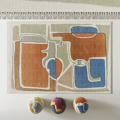 Modern Square Rug With Geometric Patterns Brown Blue Beige Tones Fringed Edges 3d model