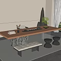 Minimalist Tea Room Interior With Long Wooden Table Bench And Green Plants