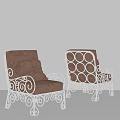 Single Seater Sofas With White Iron Frame Brown Upholstered Seat And Ornate Curved Scroll Design