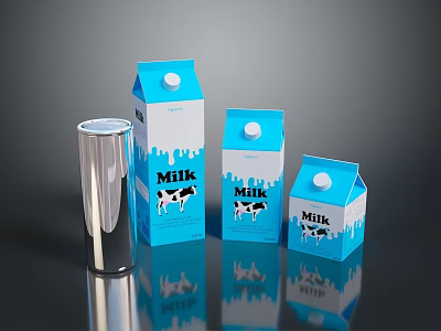Fresh Blue Milk Cartons With Cow Illustrations And Silver Glass Tumbler On Reflective Surface 3d model