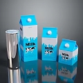 Fresh Blue Milk Cartons With Cow Illustrations And Silver Glass Tumbler On Reflective Surface