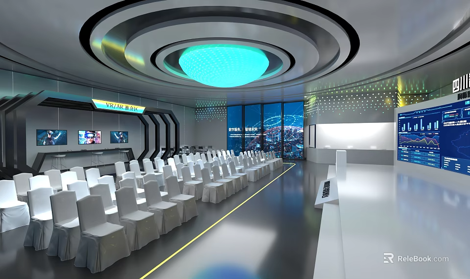School Modern Tech Inspired Conference Hall With Circular Blue Lighting And Neatly Arranged White Chairs 3d model 