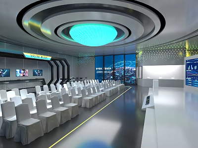 School Modern Tech Inspired Conference Hall With Circular Blue Lighting And Neatly Arranged White Chairs 3d model