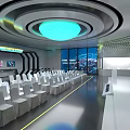 School Modern Tech Inspired Conference Hall With Circular Blue Lighting And Neatly Arranged White Chairs