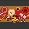 Colorful Toy Food Display On Table With Banana Watermelon Cake Ice Cream Cups And Drinks