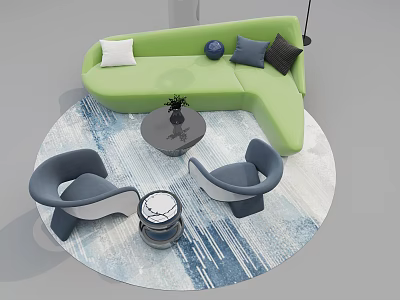Modern Casual Sofa Set with Green Curved Design Gray Chairs and Blue White Rug 3d model