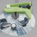 Modern Casual Sofa Set with Green Curved Design Gray Chairs and Blue White Rug