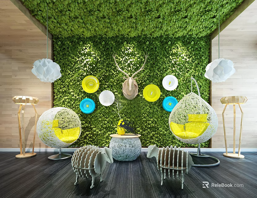 Stylish Yellow Hanging Chairs With Green Moss Wall And Decorative Circular Lamps 3d model 