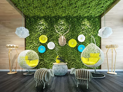 Stylish Yellow Hanging Chairs With Green Moss Wall And Decorative Circular Lamps 3d model