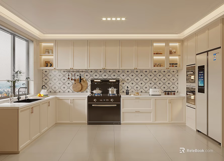 Modern Kitchen Interior With White Cabinets Black Stove And Marble Backsplash 3d model