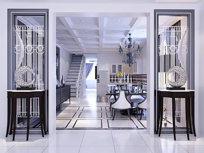 Elegant Modern Restaurant Interior With Chandelier Dining Table Staircase And White Tiled Floor 3d model