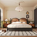 Classic Bedroom Interior With Upholstered Headboard Chandelier Wooden Nightstands And Checkerboard Rug
