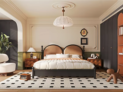 Classic Bedroom Interior With Upholstered Headboard Chandelier Wooden Nightstands And Checkerboard Rug 3d model