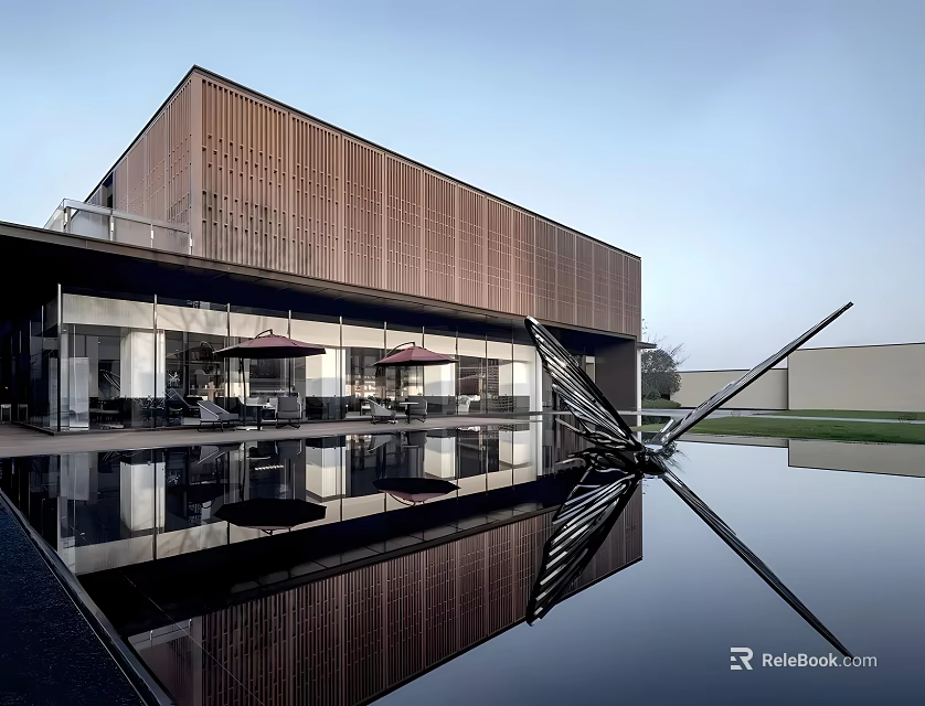 Modern Sales Office Building With Contemporary Facade Glass Curtain Wall And Water Reflection Pool 3d model 