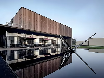 Modern Sales Office Building With Contemporary Facade Glass Curtain Wall And Water Reflection Pool 3d model