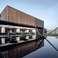 Modern Sales Office Building With Contemporary Facade Glass Curtain Wall And Water Reflection Pool