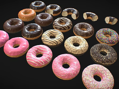 Delicious Assorted Colorful Donuts With Pink Frosting Striped Glaze And Sprinkles 3d model