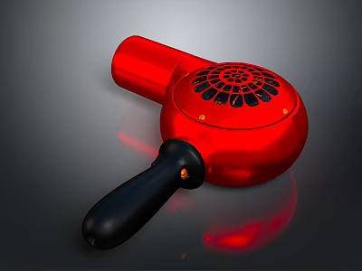 Stylish Red Hair Dryer With Black Handle And Circular Vent Design 3d model