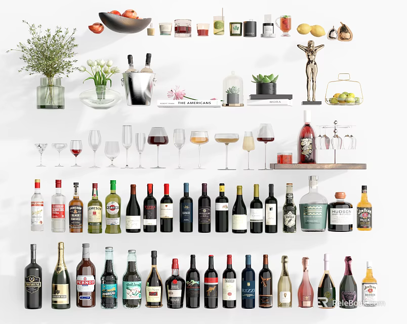 Various Types Of Wine Bottles And Glasses In Assorted Display Collection 3d model 