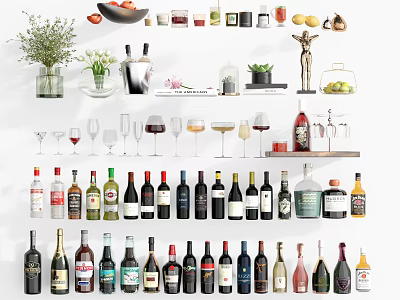 Various Types Of Wine Bottles And Glasses In Assorted Display Collection 3d model