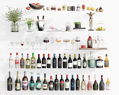 Various Types Of Wine Bottles And Glasses In Assorted Display Collection 3d model