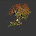 Cartoon Style Fantasy Tree With Red Orange Leaves And Green Vines On Pink Base