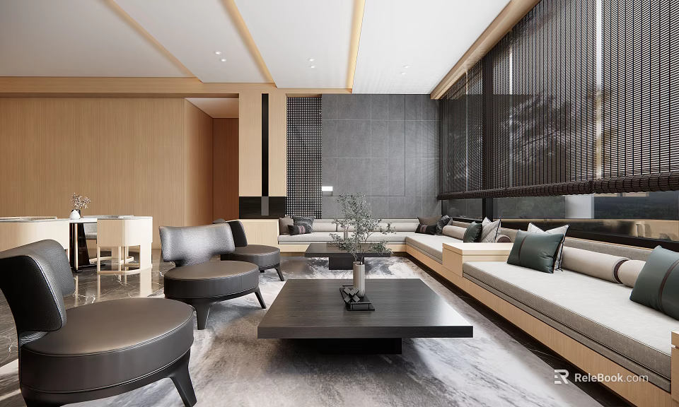 Modern Lounge Area With Comfortable Sofa Coffee Table And Wooden Decor Elements 3d model