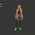 Stylish Woman With Blonde Hair Wearing Gray Coat Purple Top Black Pants And White Shoes