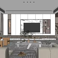 Modern Living Room Interior With Beige Sofa Coffee Table And Marble TV Wall Green Plants And Rug