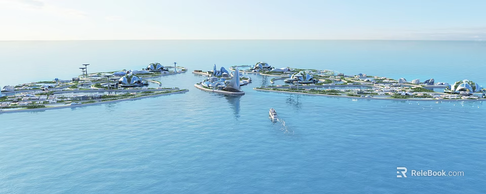 Aerial Planning of Waterfront Island Archipelago with Modern Sustainable Communities and Maritime Transport 3d model 