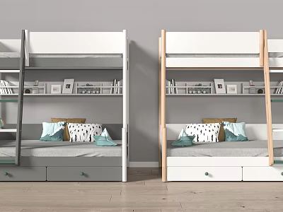 Modern Bunk Beds with White and Wooden Frame Storage Drawers and Decorative Pillows 3d model