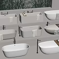 Multiple Stylish White Freestanding Bathtubs Displayed With Faucets And Wooden Accents On Shelves