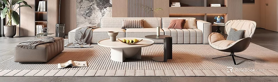 Modern Living Room Interior With Beige Sofa Round Coffee Table And Area Rug 3d model 