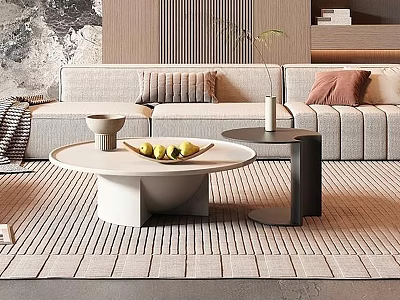 Modern Living Room Interior With Beige Sofa Round Coffee Table And Area Rug 3d model