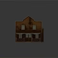 Wooden Western Style Two Story Building With Red Roof And Porch Railings