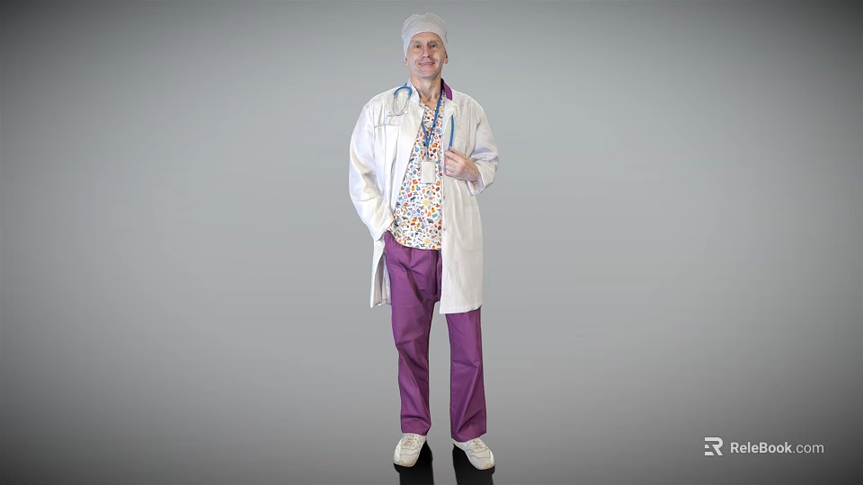 A Man In White Doctor Coat Purple Pants White Cap Smiling In Gray Background 3d model 