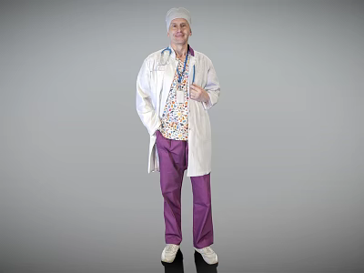 A Man In White Doctor Coat Purple Pants White Cap Smiling In Gray Background 3d model