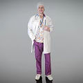 A Man In White Doctor Coat Purple Pants White Cap Smiling In Gray Background