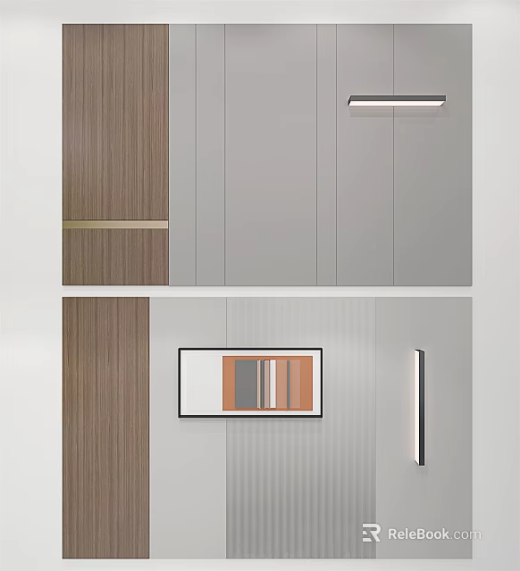 Sofa Background Wall Design With Wooden Panel Gray Texture And Modern Decorative Artwork 3d model