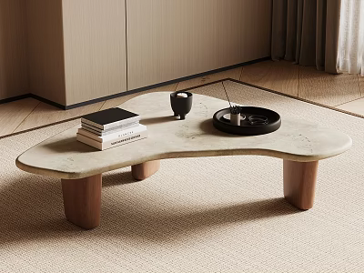 Minimalist Irregular Stone Top Coffee Table With Solid Wood Legs For Modern Living Room 3d model