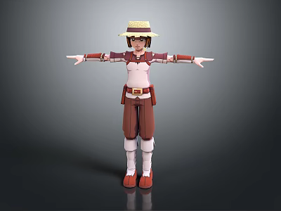 3D Character Creature Wearing Straw Hat Brown Red Outfit White Boots Arms Outstretched 3d model