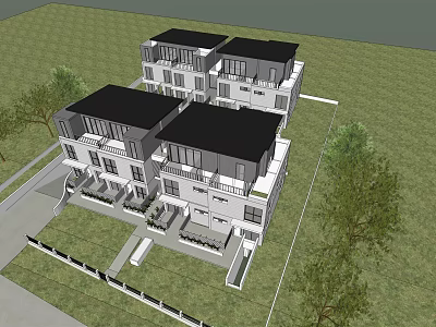 Modern Duplex Villa With Black Roof Light Exterior Lawn And Trees 3d model