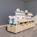 Wooden Display Shelf with Drawers Wheels and Toys Including Peppa Pig Panda Dolls Colorful Balls