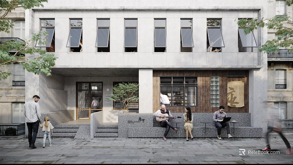 Modern Concrete Storefront with Rows of Windows Steps Green Plants and People on Benches 3d model 