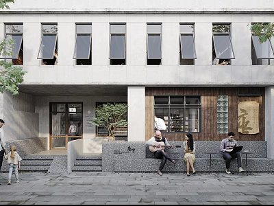 Modern Concrete Storefront with Rows of Windows Steps Green Plants and People on Benches 3d model
