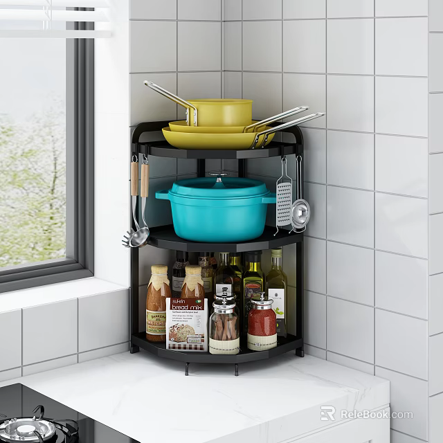 Black Bathroom Corner Cabinet Rack With Multi Tiered Storage And White Tiled Wall Near Window 3d model 
